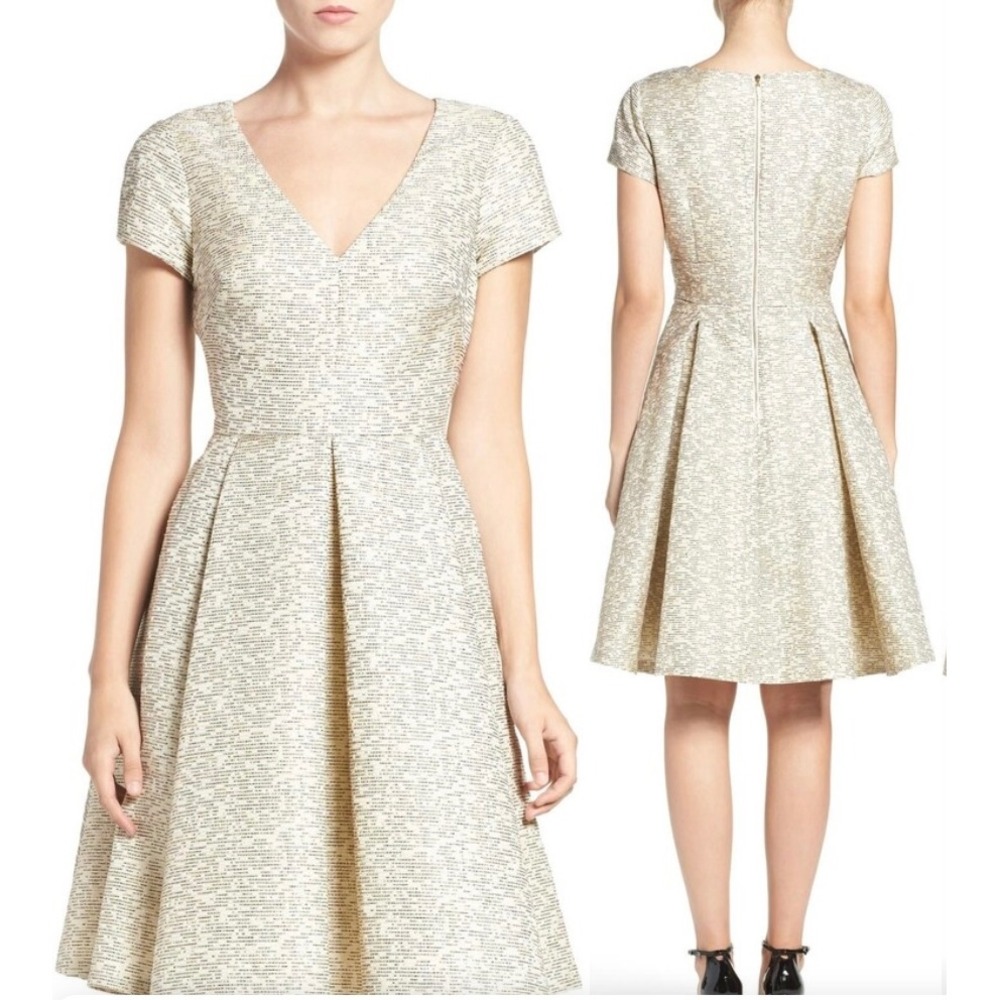 Eliza J Womens Champagne Gold‎ Metallic Jacquard Fit Flare Dress V-Neck Sz 14